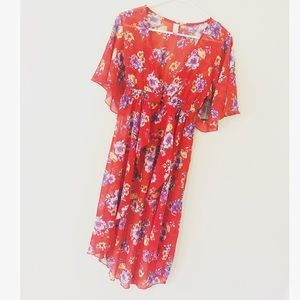 Beautiful Hi-Low Red With Flowers “Duster” Top